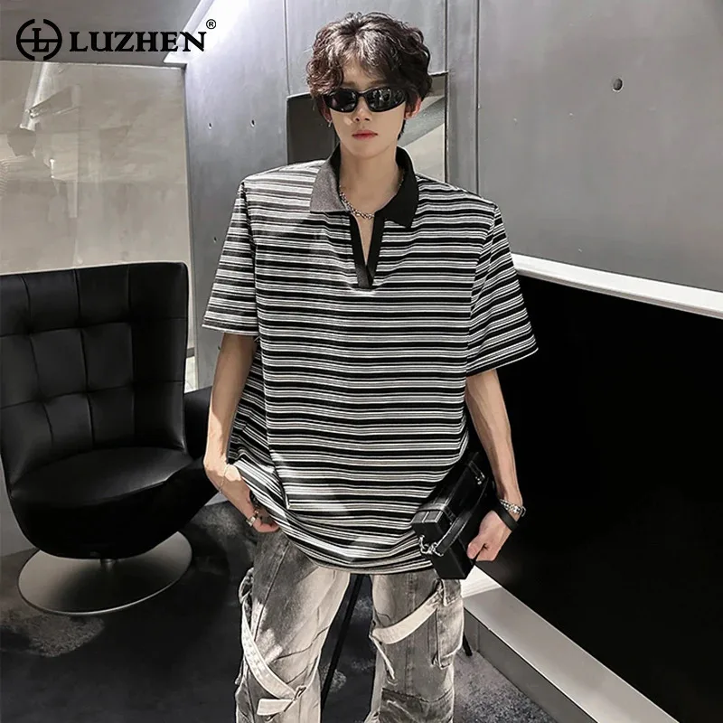 

LUZHEN Color 2025 летняя футболка высокого контрастного качества в полоску с принтом на шее и короткими рукавами, мужские модные элегантные повседневные топы JY2719