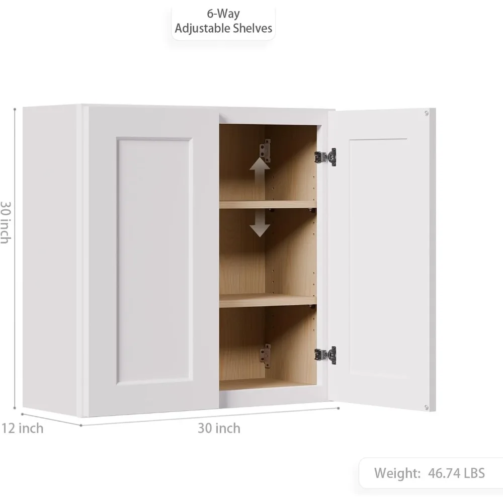 30 Inch Wall Mounted Solid Wood Laundry Cabinet, White Shaker Over Toilet Storage with 2 Doors