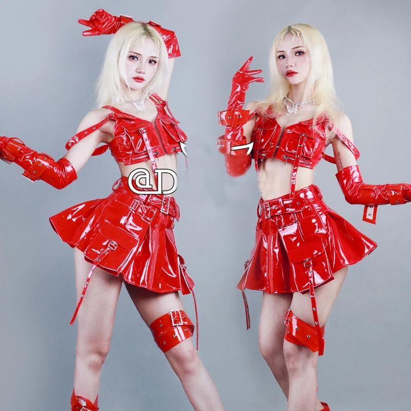 2025 Sexy Gogo Costumes Red Leather Pole Dance Clothing Women Festival Outfits Bar Nightclub Dj Ds Stage Performance Wear XS7835