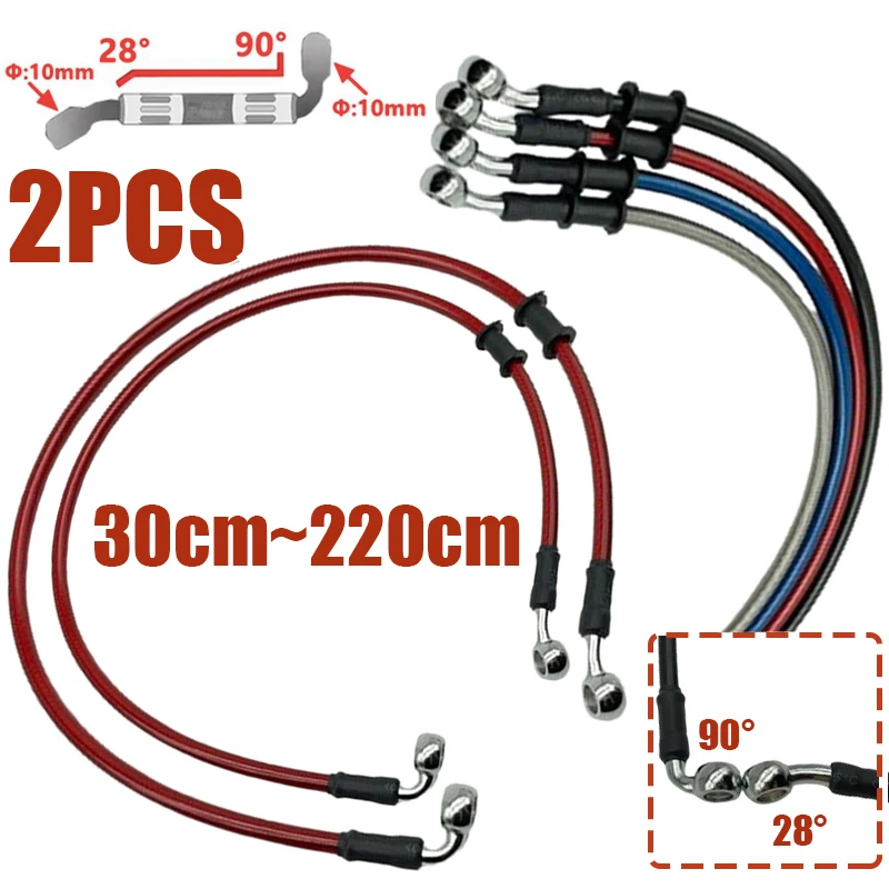 2Pcs 30cm-220cm Motorcycle Hydraulic Brake Hose Line 28°-90° 10mm Banjo For Suzuki Kawasaki Yamaha Honda Pipe Braided Oil Hose