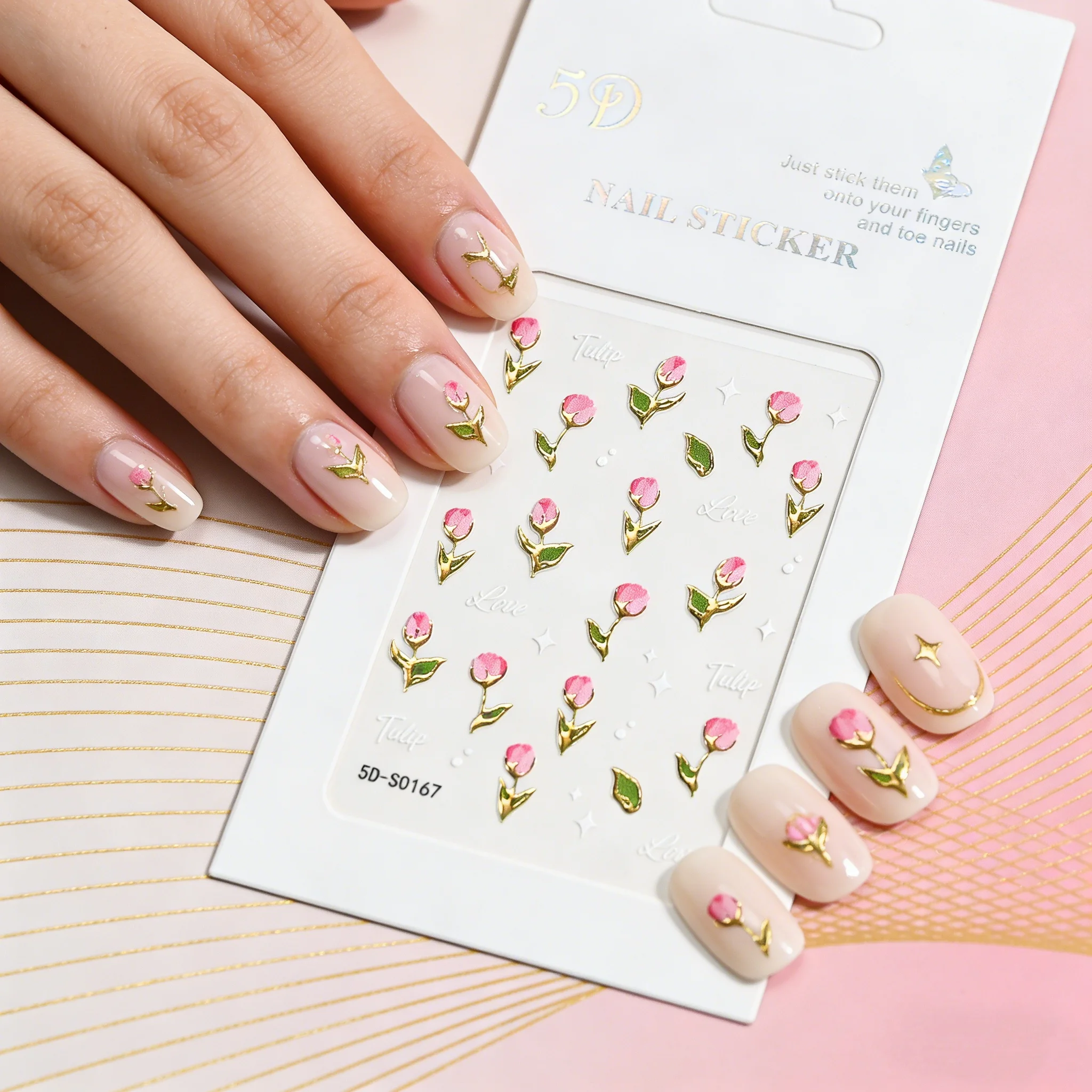 

1 шт. 5D наклейки для ногтей с розовыми цветами и сердечками, тюльпаны, золотой контур, самоклеящиеся, для свадеб, вечеринок, ежедневного маникюра, салонов красоты