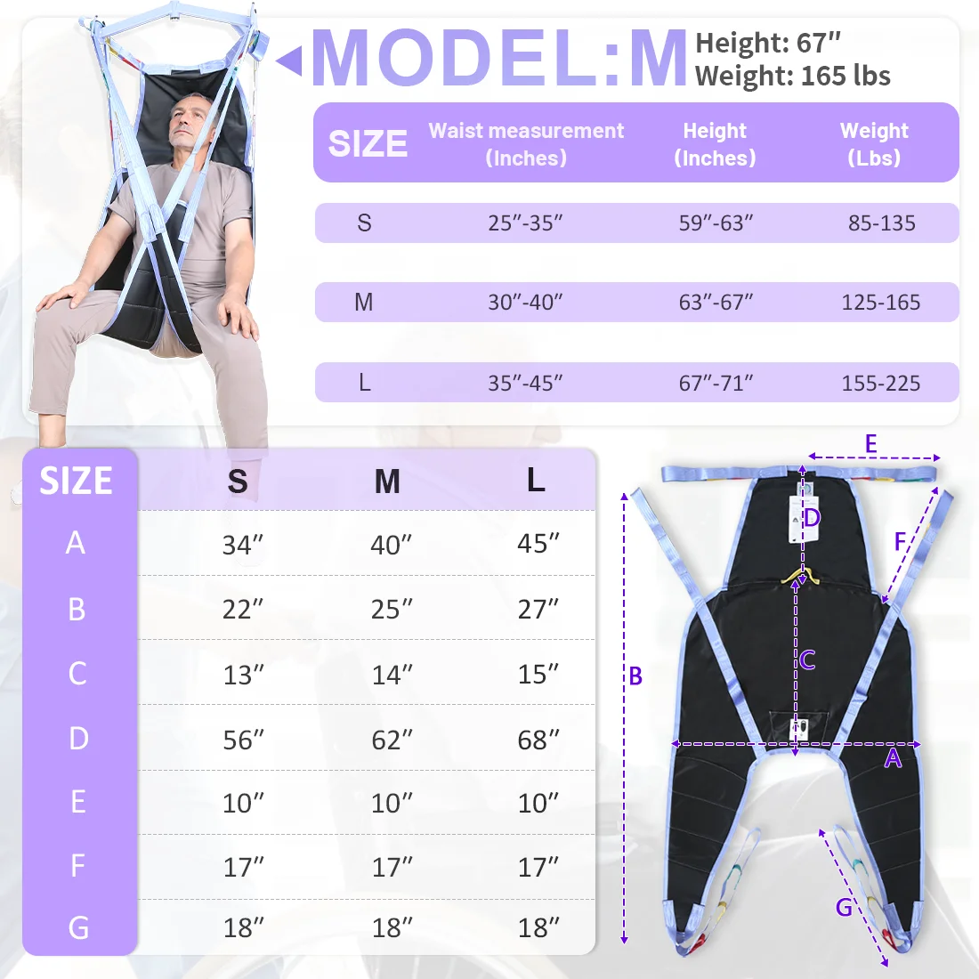 Ehucon Divided Leg Transfer Sling Padded Head Support Secure Support SWL 500L for Elderly Home/Nursing Care Patient Transfer