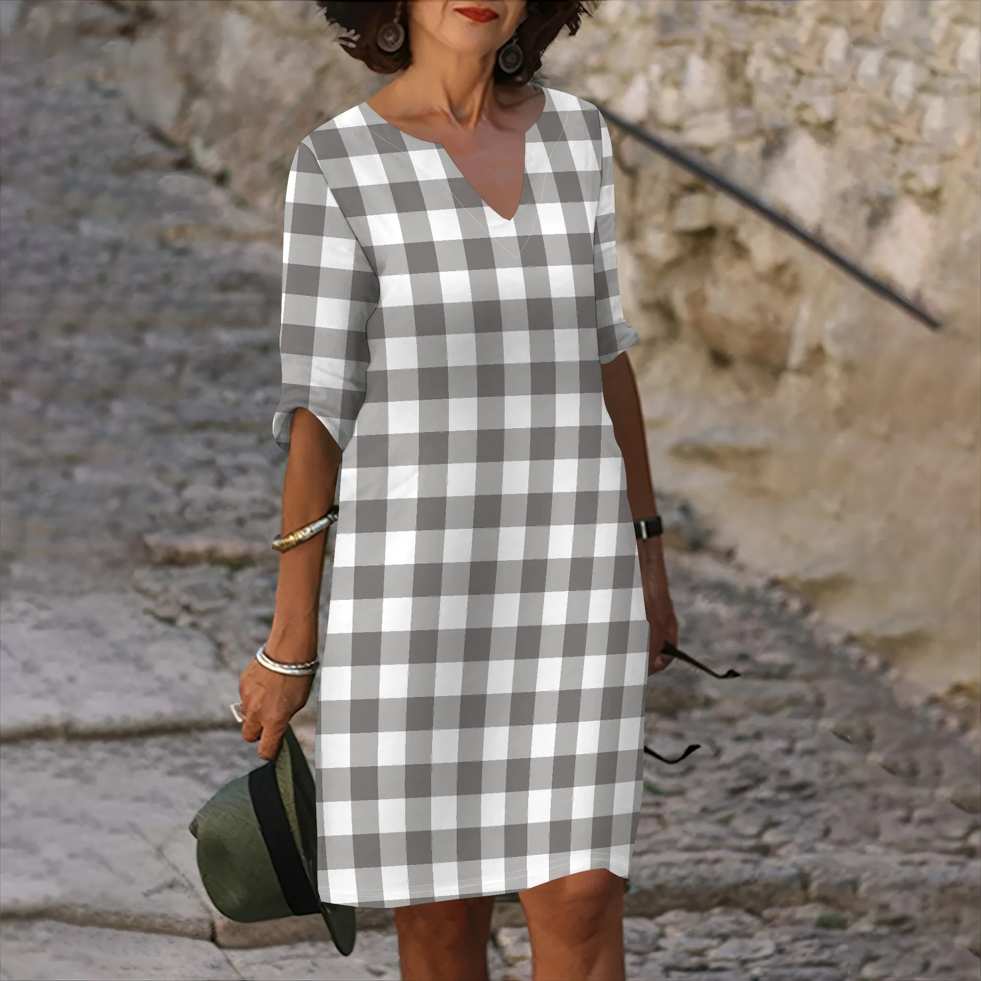 

Women's Plaid Print Mini Dress with Half Sleeves and V-Neckline, Elegant Comfortable Casual Everyday Wear
