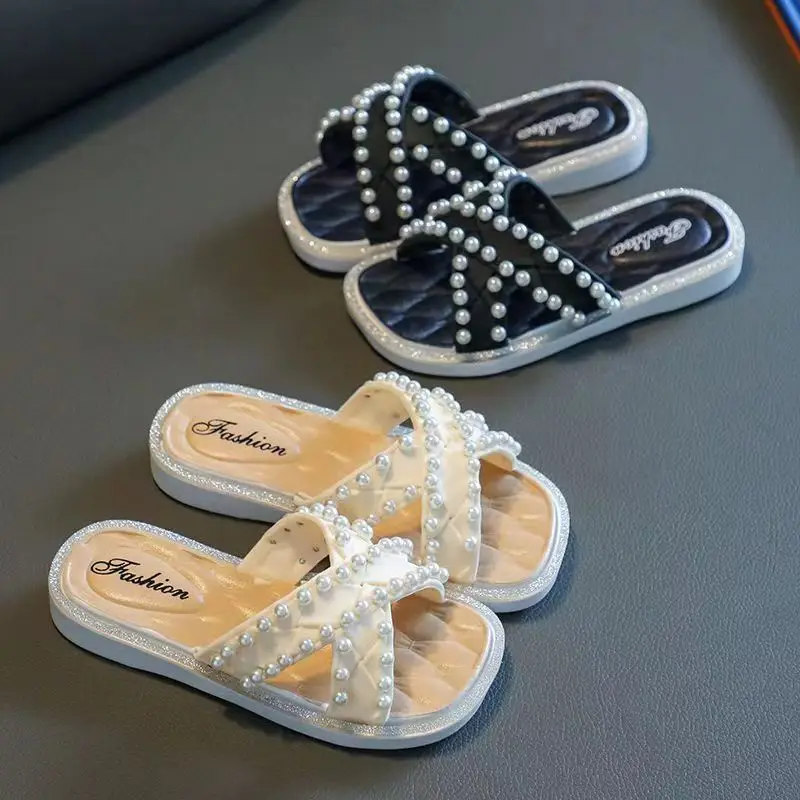 2024 Zomer Kinderen Nieuw Een Woord Parel Casual Slippers Gratis Verzending Meisjes Zachte Zool Antislip Outdoor Strandslippers