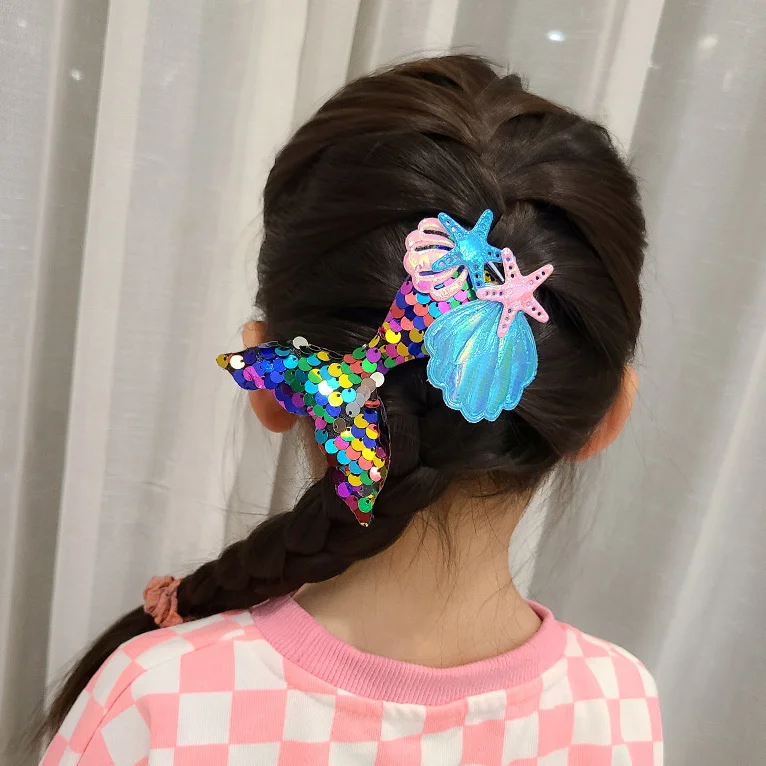 หมวกมีหางปลาประดับเลื่อมสำหรับเด็กกิ๊ฟหนีบผมกิ๊บหนีบผมสำหรับเด็กผู้หญิงสำหรับเด็กลายเจ้าหญิงปลาดาวเครื่องประดับผมใหม่1ชิ้น