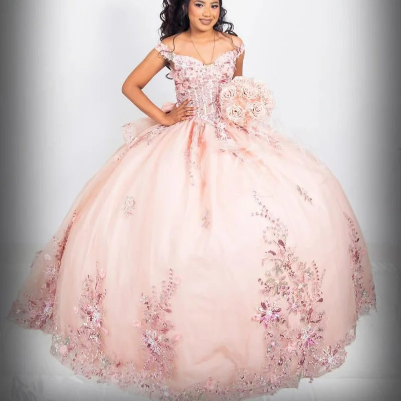 

Customized Shiny Light Pink Off Shoulder Quinceanera Dress sequin applique Lace crystal flower Bow vestidos de 15 Quinceanera