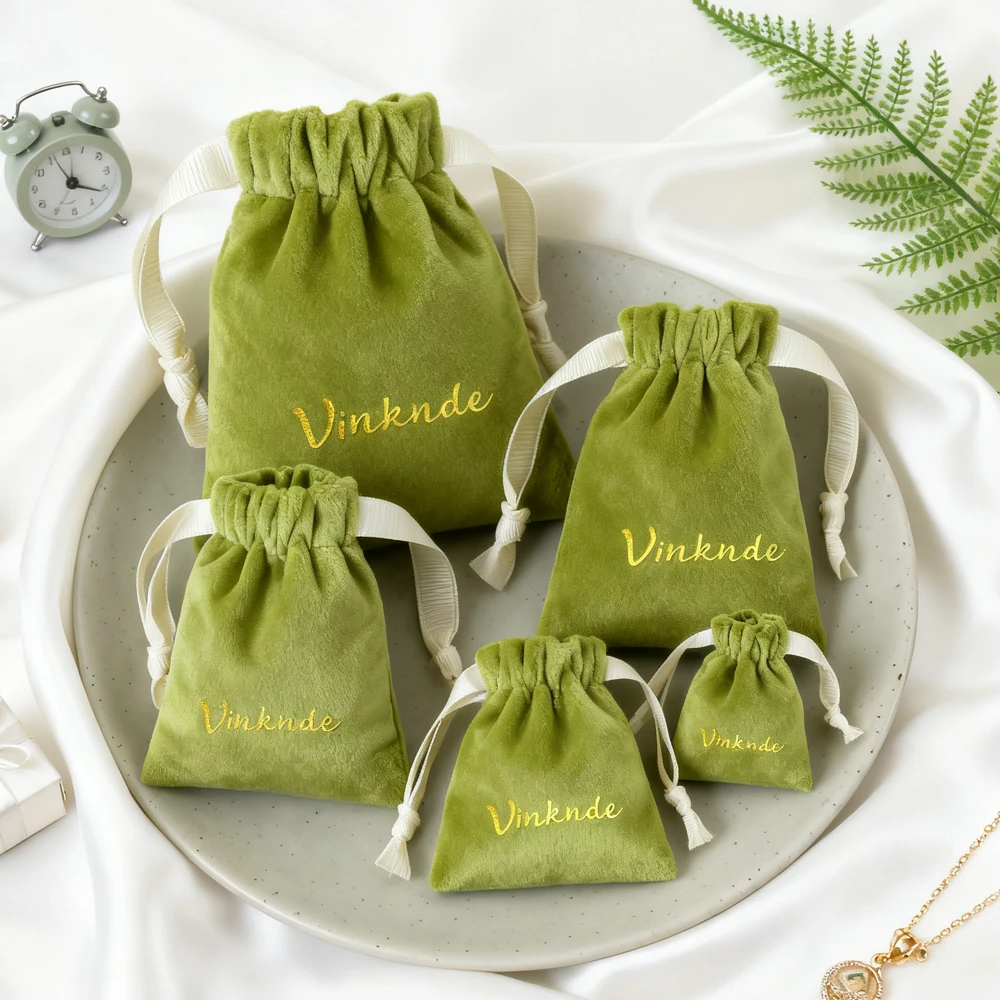 

Custom Logo Luxury Matcha Green Velvet Suede Drawstring Bag for Ring Earring Bracelet Necklace Hairpin Packaging Jewelry Pouch