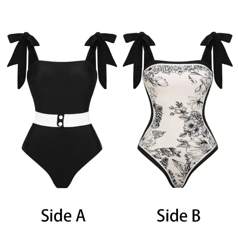 

2024 Reversible Bowknot Tie-shoulder One Piece Swimsuit Women Beachwear Flaxmaker Clearance Wholesale