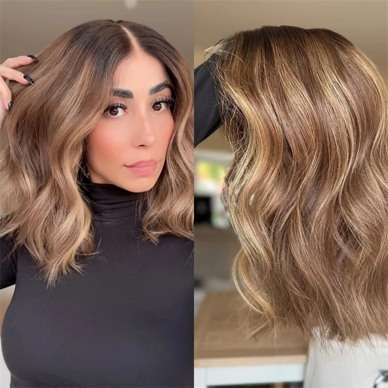 

Short Wave Bob 13x4 Ombre Brown Blonde Synthetic Lace Front Wig HD Lace Wig Free Part Wig Woman Wigs Natural Preplucked Hairline