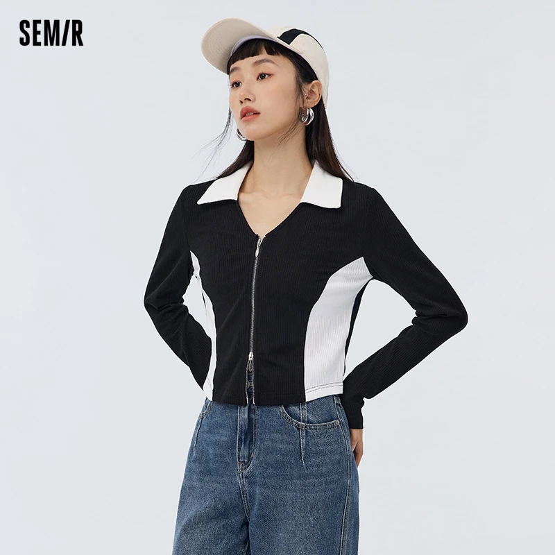 Semir 2024 Long-Sleeved T-Shirt Women Short Contrasting Color Slimming Temperament Knitted Cardigan Versatile New Style Tee