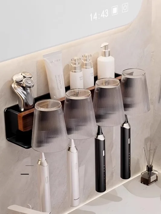 

Walnut Premium Sense Toothbrush Shelf Shelf Wall Mounted No Punching Family Electric Brushing Cup Mouthwash Cup