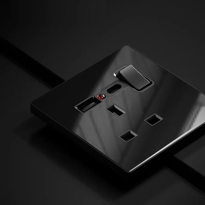 Black Tempered Glass UK Standard Single Twin Socket with USB 3.1A Fast Charge Type C USB and Indicator Light