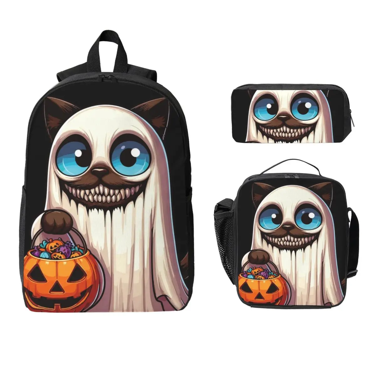 Siamese Cat Scary Halloween Ghost Spooky Pumpkin Candy Backpack BookBag School Bag  3ps Insulated Lunch Bag Pencil Case