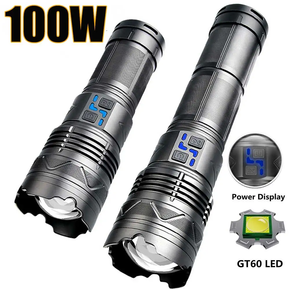 100W GT60 Tactical Flashlight Powerful LED Torch 2000000LM USB Rechargeable Aluminum Alloy Flash Light with Power Indicator