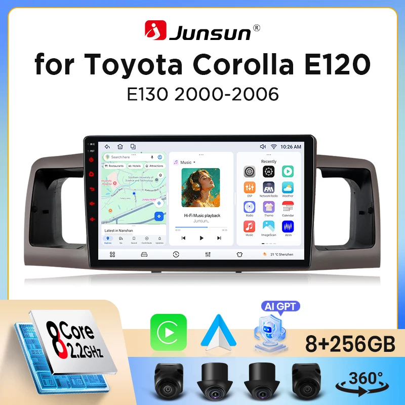 Image of Junsun Wireless CarPlay Android Auto Autoradio für Toyota Corolla Mk9 (E120) 2000-2007 mit integriertem Lüfter, Android GPS-Navigation, Multimedia-Player, WiFi, DSP, RDS, BT, SWC, IPS-Touchscreen,