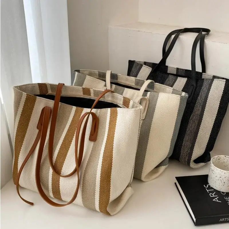 Raffia Summer Bags for Woman 2024 Stripe Designer Shoulder Crossbody Shopper Storage Bag Women Casual Canvas Handbag Tote