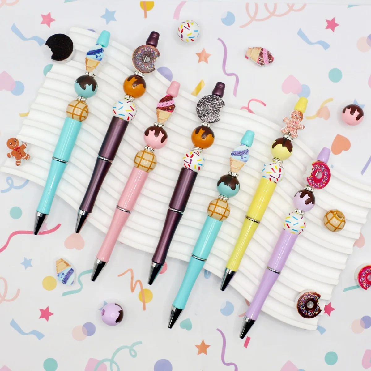 5PCS/10PCS Black and White Chocolate Biscuits Ice Cream Dessert Theme Wood Beads and DIY Bead Pen Set,great gift