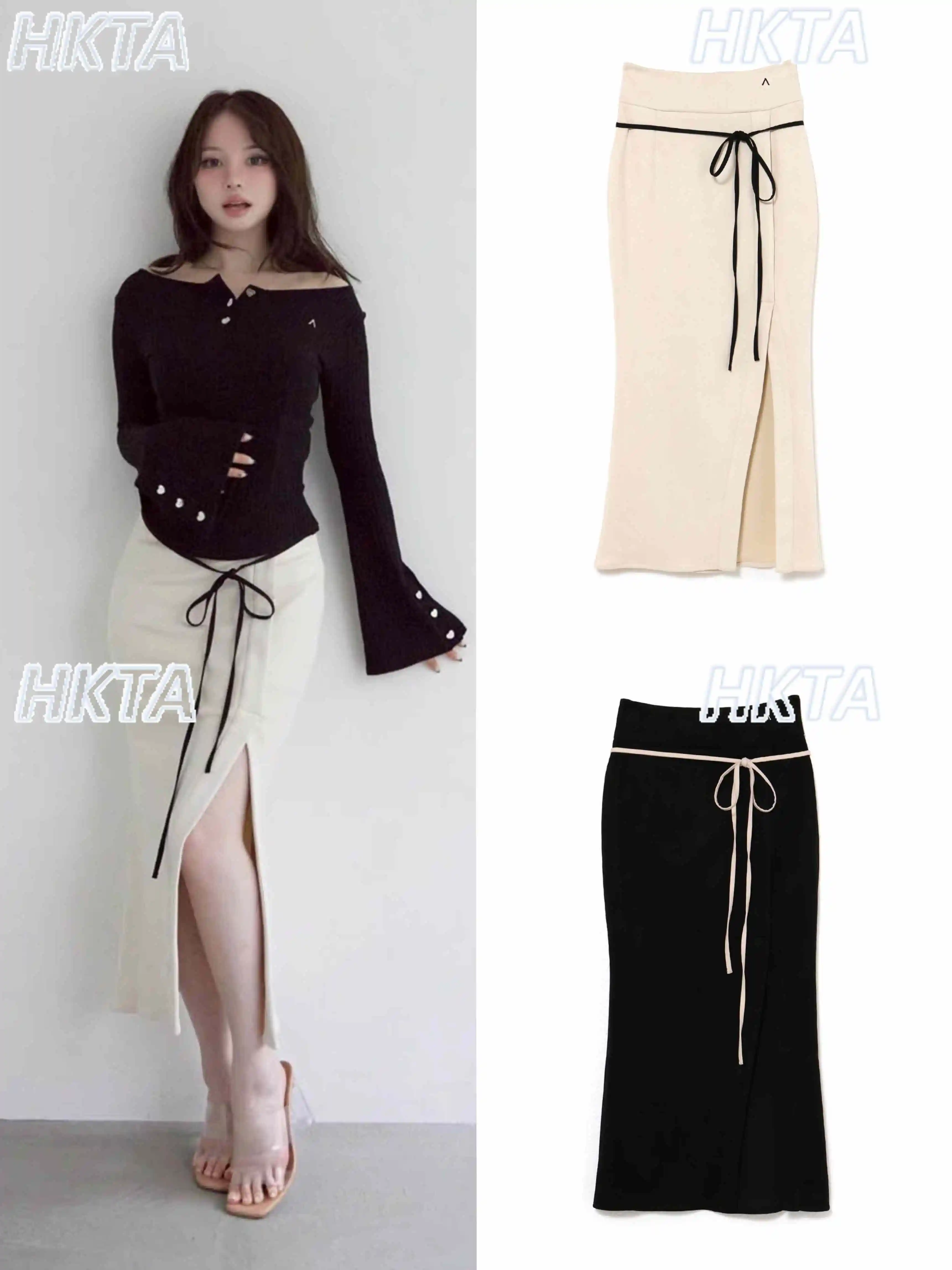

Japanese Style 2025 Autumn New High Waist Strap Slit Black Skirt Women Two Color Simple Elegant Sexy Hip Long Skirts Female