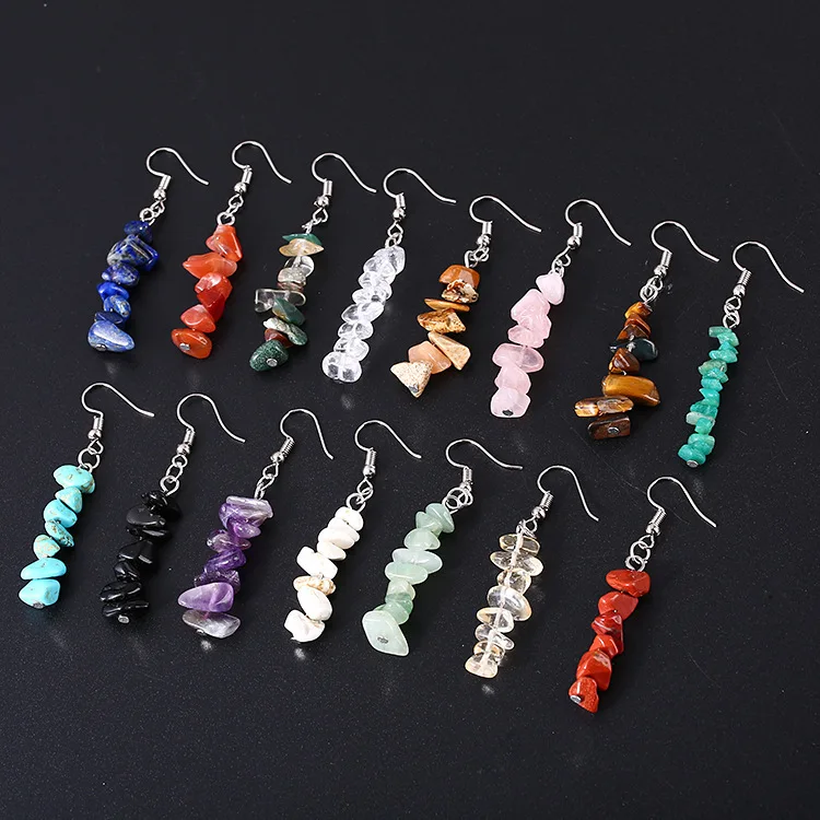 Natural Tumbled Stone Dangle Earrings for Women Colorful Crystal Drop Hook Earring Chakra Healing Gemstone Chip Ear Jewelry