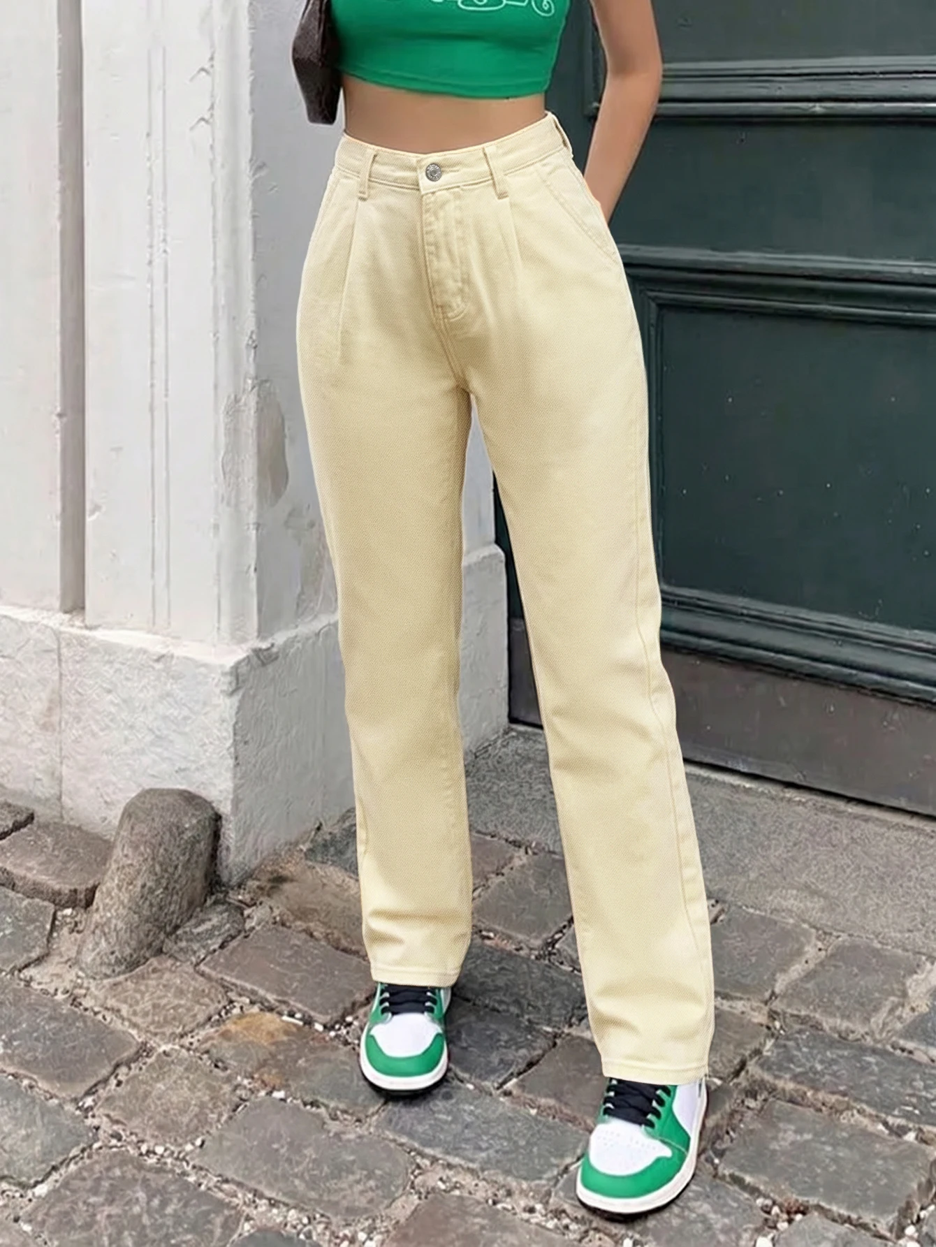 Women High Waist Non-stretch Pleated Straight Jeans Yellow Solid Color Loose Denim Pants Vintage Casual Trousers