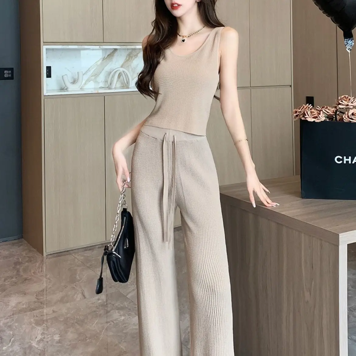 Knitted Vest Casual Sports Suit for Spring and Summer New Korean Version High and Slim Wide Leg Pants Two-piece Set
