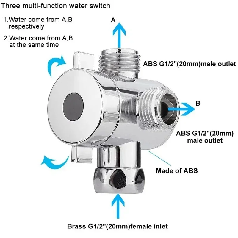 Shower Head Faucet Tee Arm Shunt Water Inlet Pipe Conversion adapter 1/2 20mm Three Way Diverter Valve Bathroom Accessories