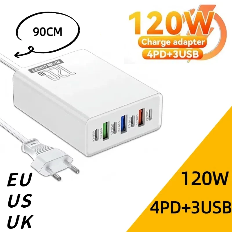 Adaptador de cargador de teléfono de escritorio de 120W multipuerto USB tipo C carga rápida con cable de 90cm para iPhone16 15 14 Samsung Xiaomi Huawei