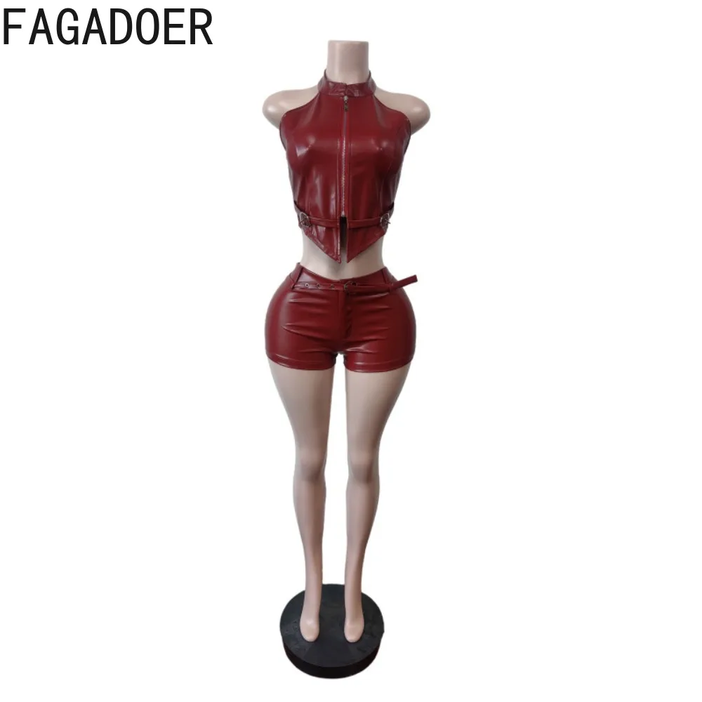 FAGADOER セクシーなレザーパッチワーク女性 2 ピースセット衣装ホルターノースリーブバックレスクロップトップ + ショーツマッチング女性ストリートウェア