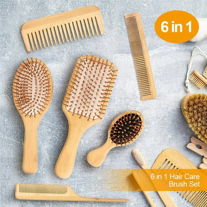 【PROMOTION】Hair Loss Massage Brush Hairbrush Comb 6PC Set Wood Comb Healthy Paddle Cushion Scalp Hair Care Healthy Bamboo Comb 4