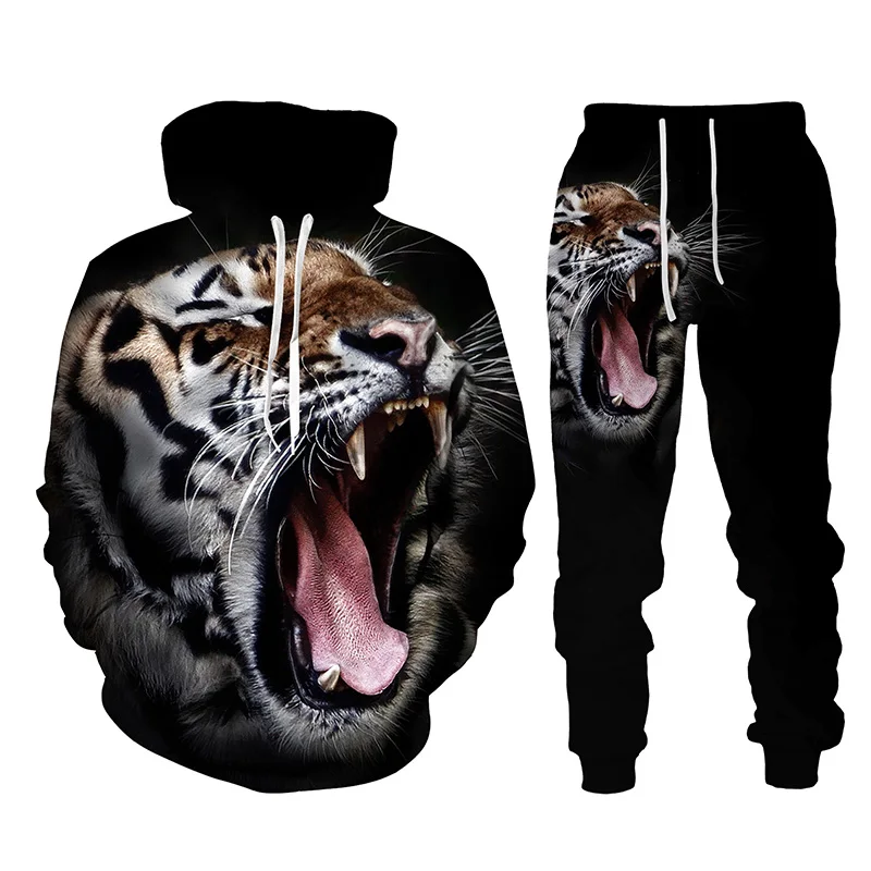 Black and White  The Tiger 3D Printed Men's Sweatshirt Hoodies Set Men's Lion Tracksuit/Pullover/Pants Sportswear Autumn Winter