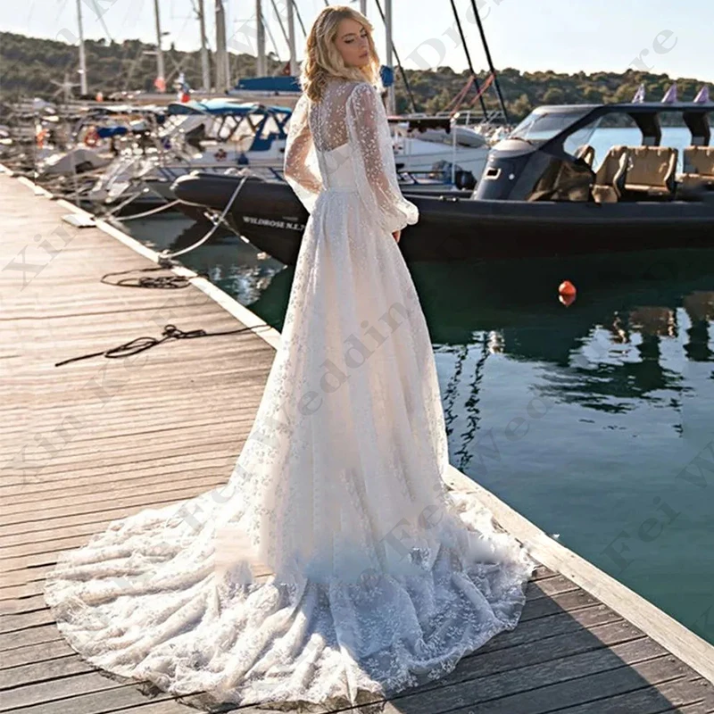 Robes de mariée sirène sexy avec appliques en dentelle, belle robe moelleuse à col rond, manches longues, serpillière, patients, quoi que ce soit, mode élégante, 2024