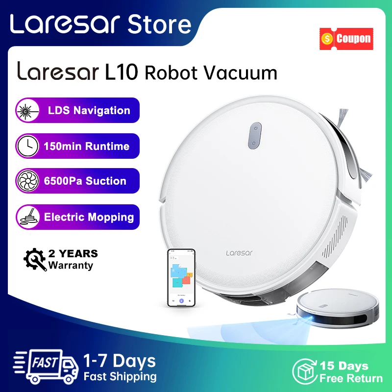 Laresar L10 SoF LiDAR Robot Vacuum Cleaner Mop 6500Pa 150min Cordless APP Control Smart LDS Planned Home Floor Carpet Cleaning