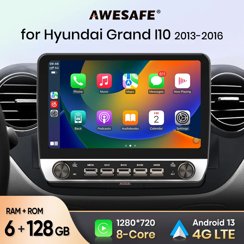 AWESAFE Car Radio for HyundaiGrand l10 2013-2016 Wireless Carplay for Apple Android Auto Stereo with Buttons Multimedia GPS Navi