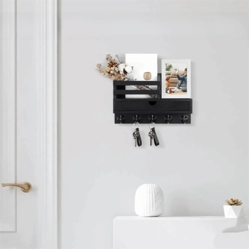 

Solid Wood Wooden Wall Mounted Storage Rack With Drawer Multiple Hooks Solid Wood Organizer Simple Design Natural Appearance