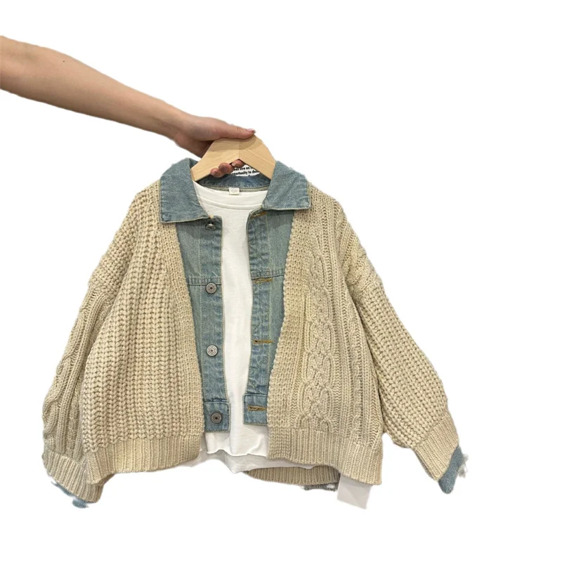 Boys Woolen Sweater Crochet Cotton Windbreak 2024 Khaki Plus Thicken Autumn Winter Cardigan Warm Children\'s Clothing