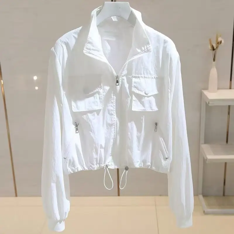 

Women summer white sunscreen jacket 2026 spring summer new drawstring tooling short jacket Female long-sleeved cardigan tops
