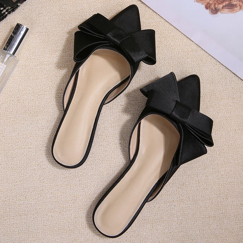 Flat pointy bow sandals with bun head slippers Silk after empty lady slippers