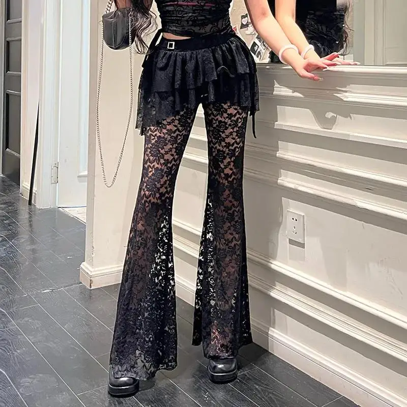Hot Selling High Waist  Lace See-through Pants Sexy Versatile Irregular Fake Two-piece Skirt Pants for Women