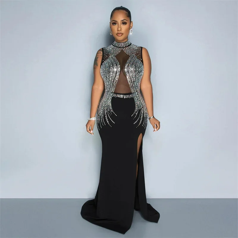 Robe de Soirée Longue en Maille et Strass Transparente pour Femme, Tenue Élégante de Luxe en Forme de Sirène, Fente Haute, Patchwork