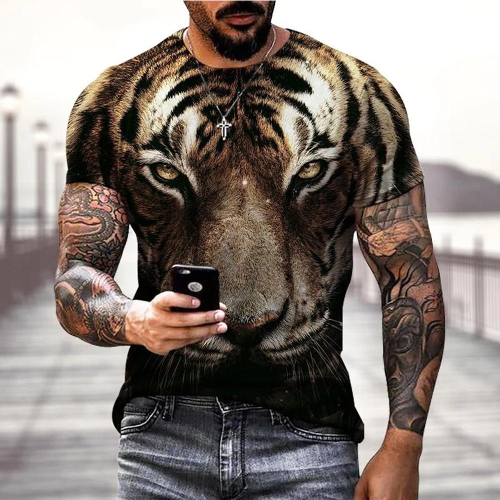 Summer Tees Tops 3D Tiger Print Men\'s T-Shirt Casual Animal Pattern T Shirt Streetwear Quick Dry Fashion Oversized Clothes