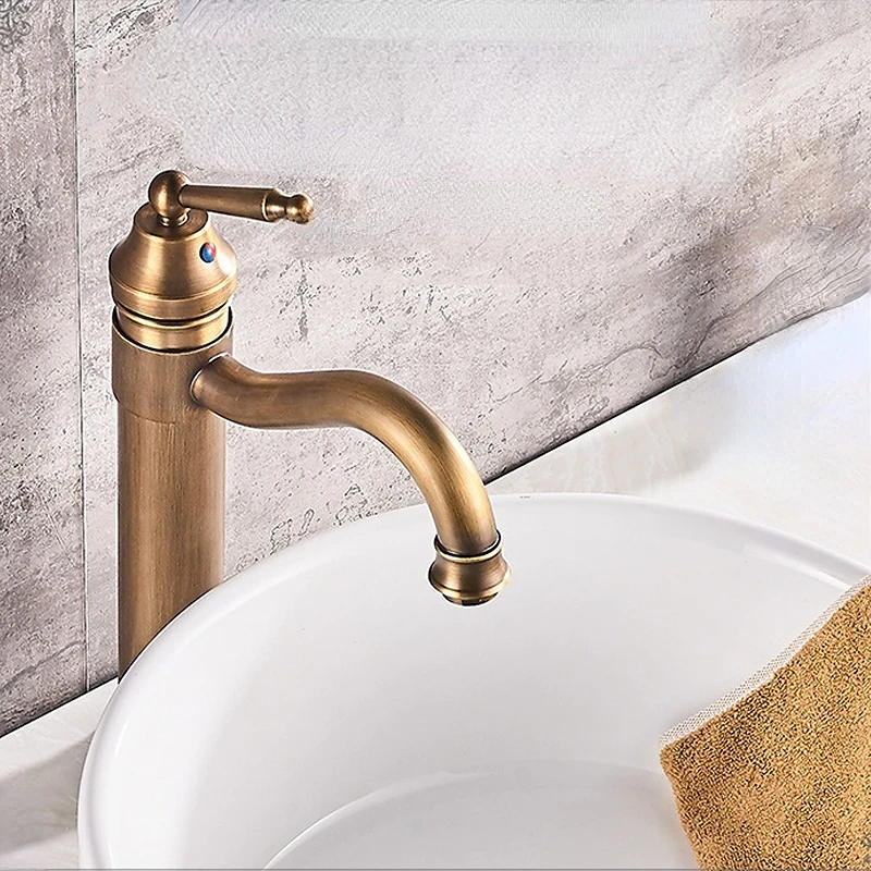 

Copper Antique Bathroom Faucets Cold&Hot Water Mixer Sink Faucet Deck Mounted Single Handle Tap