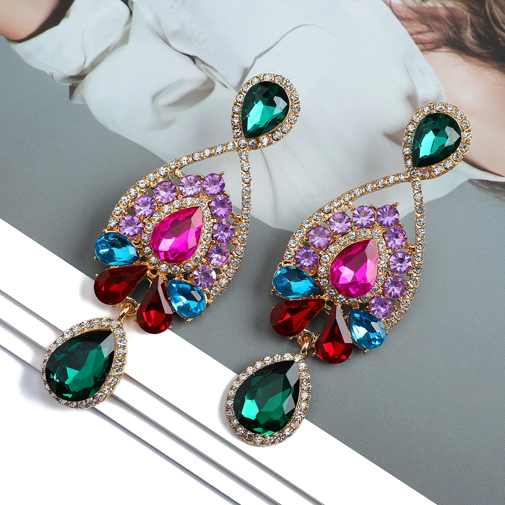 Creative Design Luxury Charm Teardrop Shiny Glass Dangle Drop Earrings For Women Trend Unusual Wedding Party Jewelry Accessories