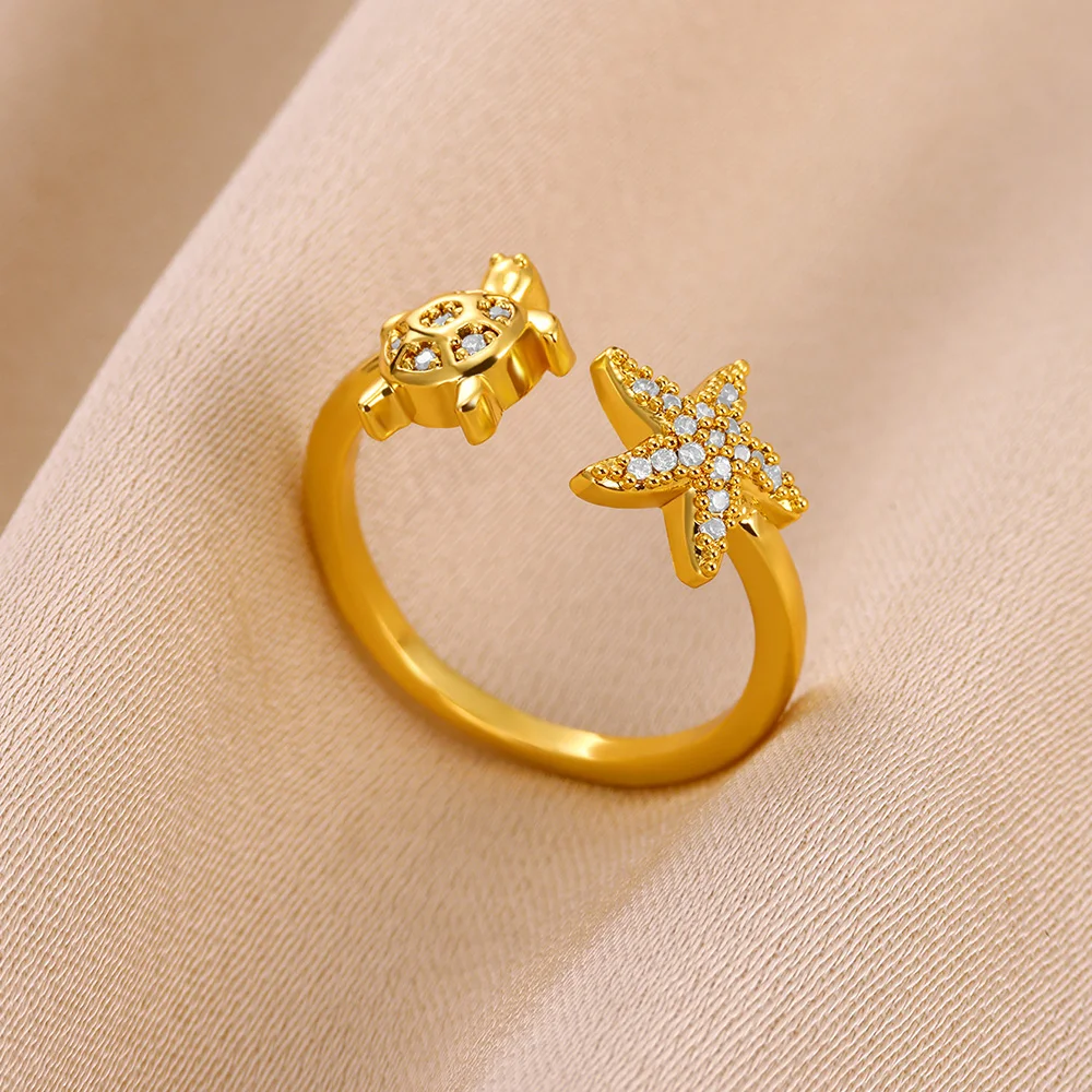 Retro Crystal Turtle Starfish Open Ring for Women Gold Color Stainless Steel Ring Summer Beach Party Jewelry Gift