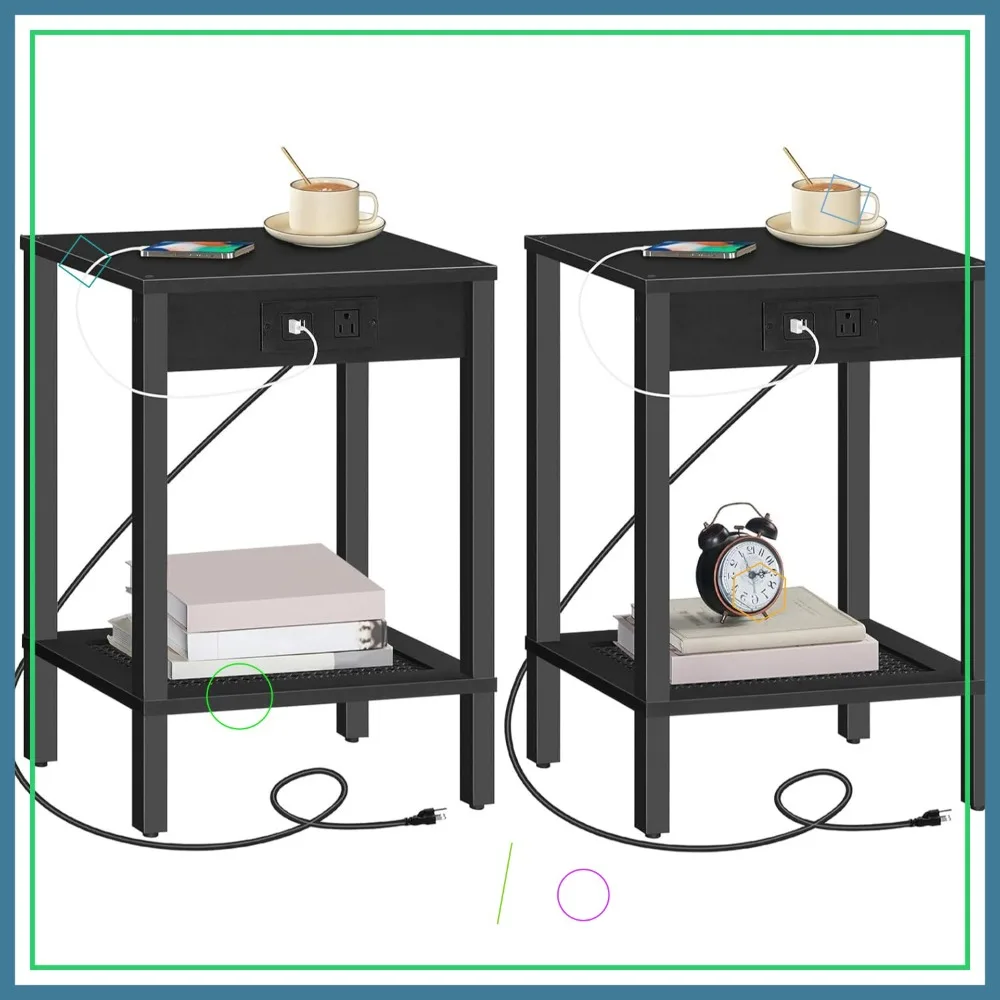 

Набор из 2-х приставных столиков с зарядной станцией, USB-портами, розеткой и 2-уровневой полкой для хранения, для небольших помещений, черный цвет