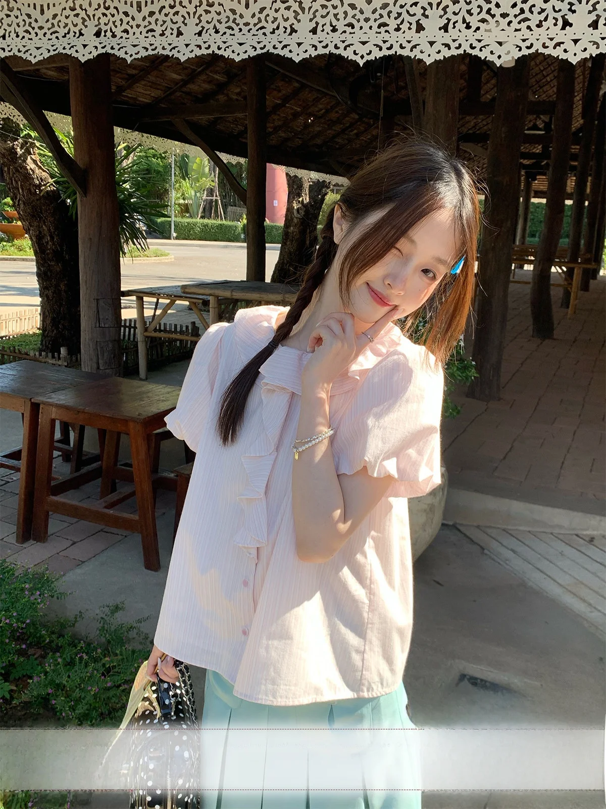 

MUCHA Wooden Peach Tea Powder Short Sleeve Striped Shirt Women's Sweet Style Lantern Sleeve Top College Fashion Straight Cut