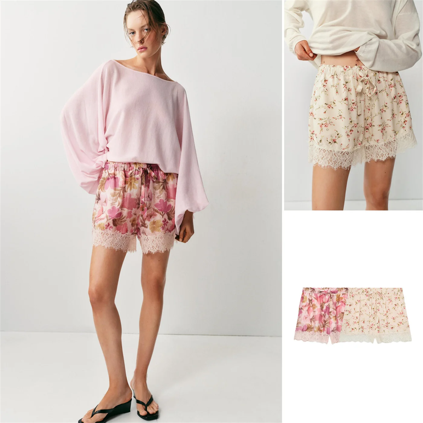 

Elegant Floral Print Lace Shorts Women's New Summer Elastic Waist Drawstring New Style Straight Leg Pants Pure Color Natural ...