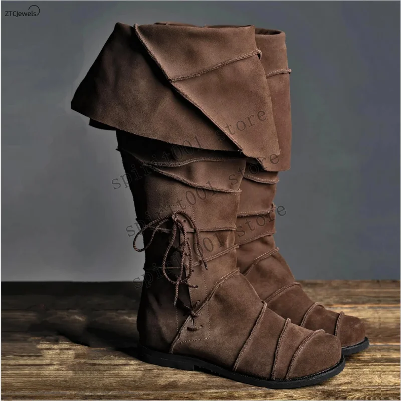 Men's Renaissance Vintage Brown Boots Cosplay Halloween Viking Pirate Steampunk Knight Boots Low Heel Tall Boots Costume