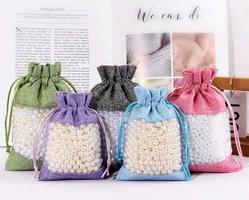 

50PCS Scent Window Drawstring Bags with Linen Collar - See-Through Mesh Gift Pouches for Wedding Favors, Snacks & Cosmetics