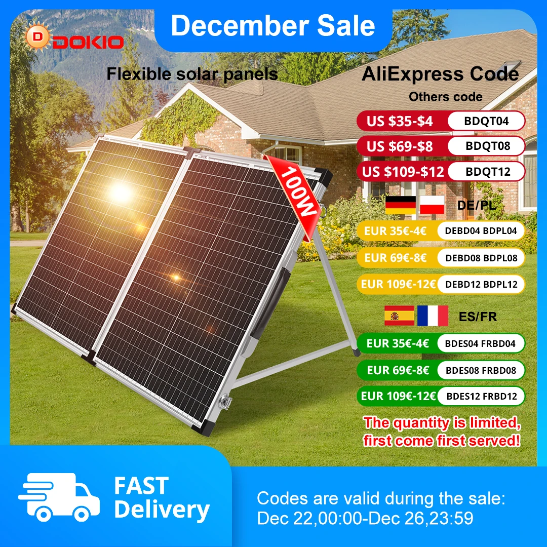 Dokio 100W 160w 200w 18V Glass Folding Monocrystalline Waterproof Solar Panel