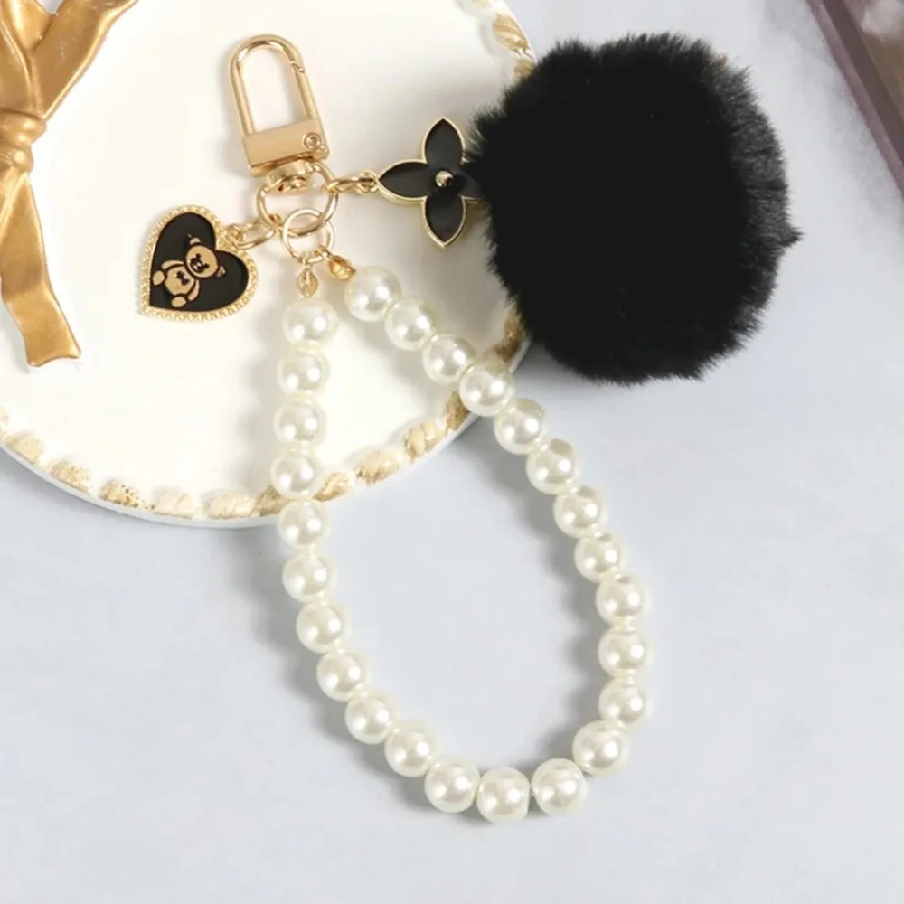 New Love Bear Pompom Keychain Pearl Plush Ball Bag Pendant Accessories Pink Black Car Key Holder